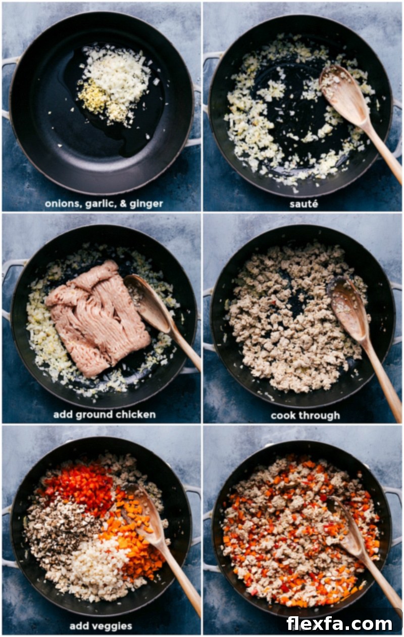 A step-by-step visual of preparing chicken lettuce wraps: sauteeing aromatic vegetables, browning ground chicken in a skillet, and finally mixing in other diced vegetables to create the savory filling.