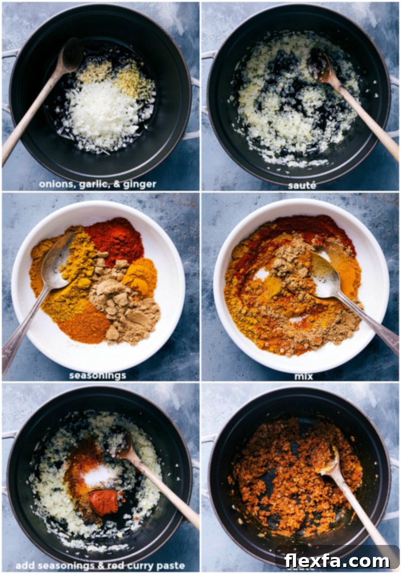 Preparing the vegetable curry recipe: sauteing aromatics, blending spices, and adding to the pan for an explosion of flavor.