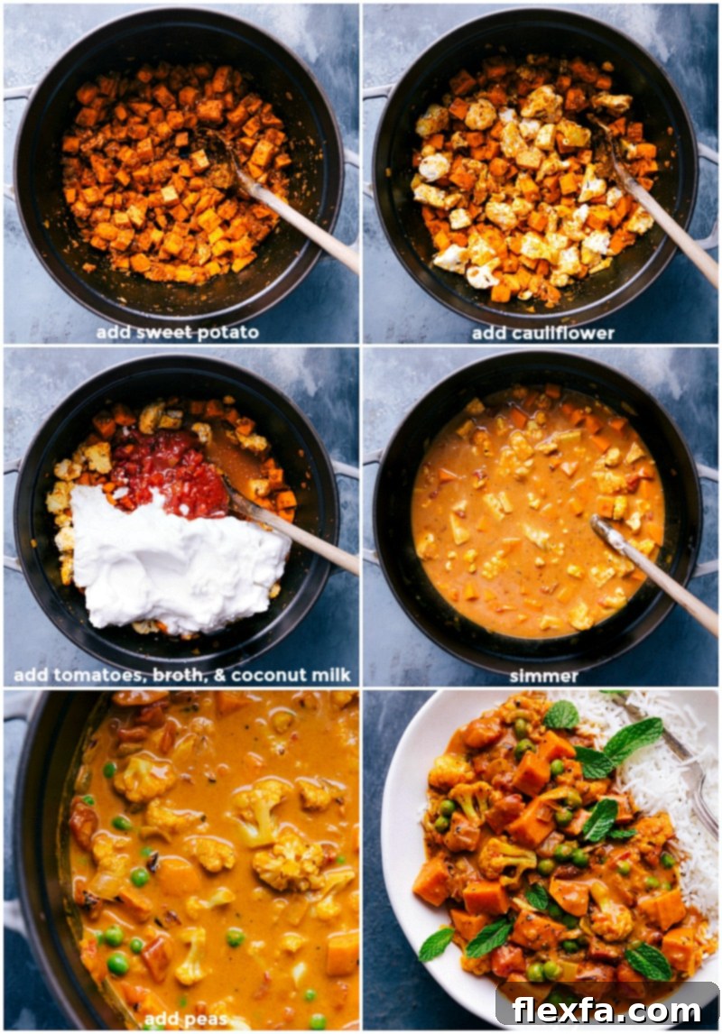 Crafting vegetable curry: adding vegetables, broth, and coconut milk, simmering to perfection, and serving on a bed of rice for a complete meal.