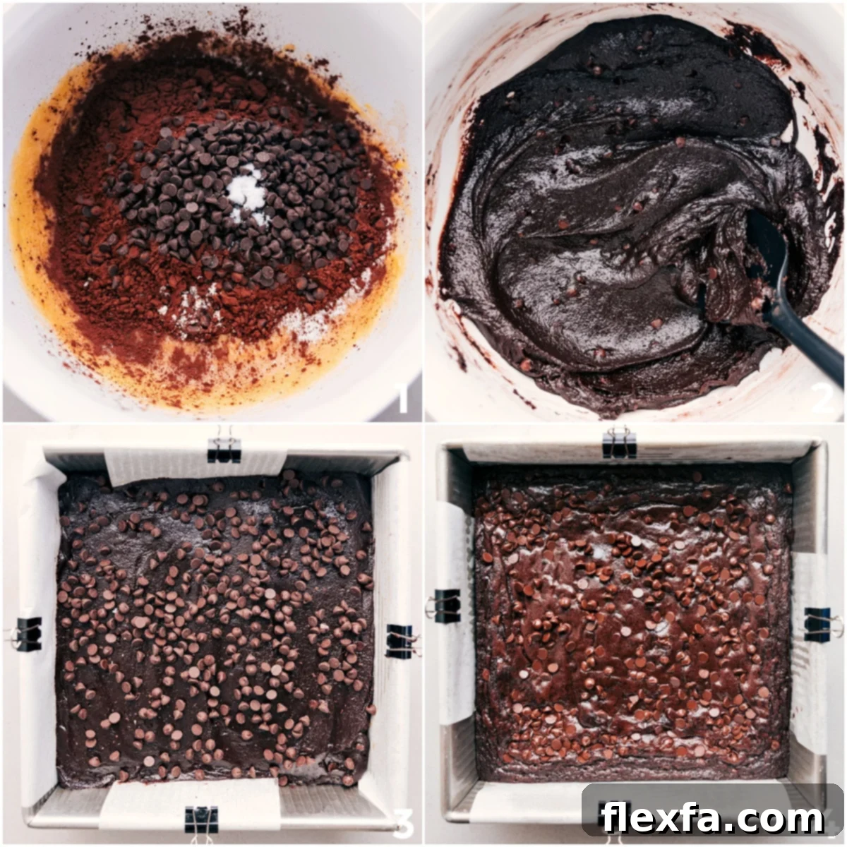 The rich brownie batter with cocoa powder, salt, and chocolate chips being mixed in, prior to baking to a delicious, fudgy perfection.