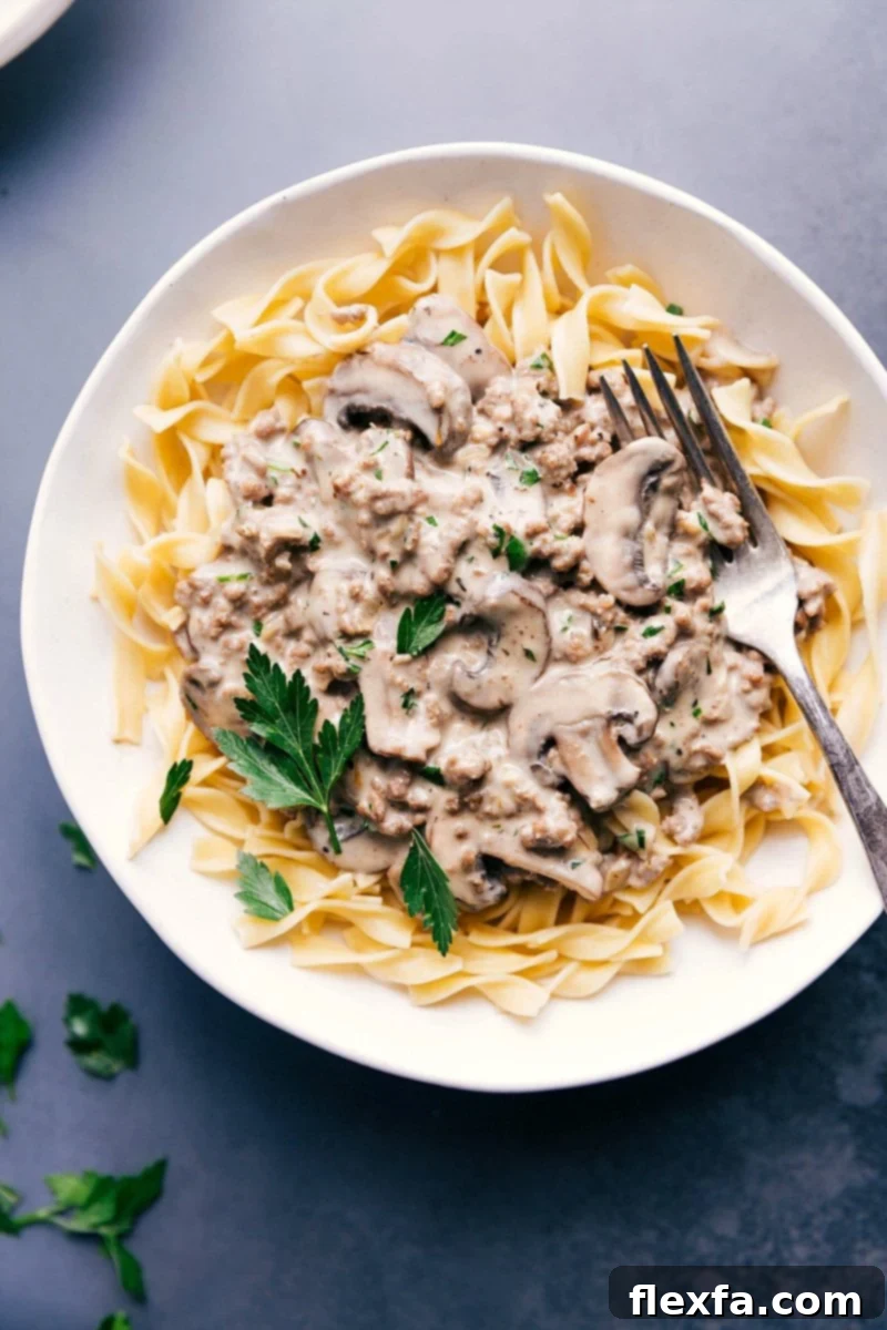 Hearty Ground Beef Stroganoff served generously over soft egg noodles, garnished with fresh parsley.