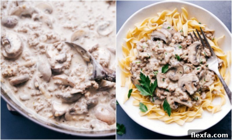 Two images side-by-side: first, ground beef stroganoff simmering in a cooking pan, and second, the finished dish served over egg noodles, garnished with fresh parsley.