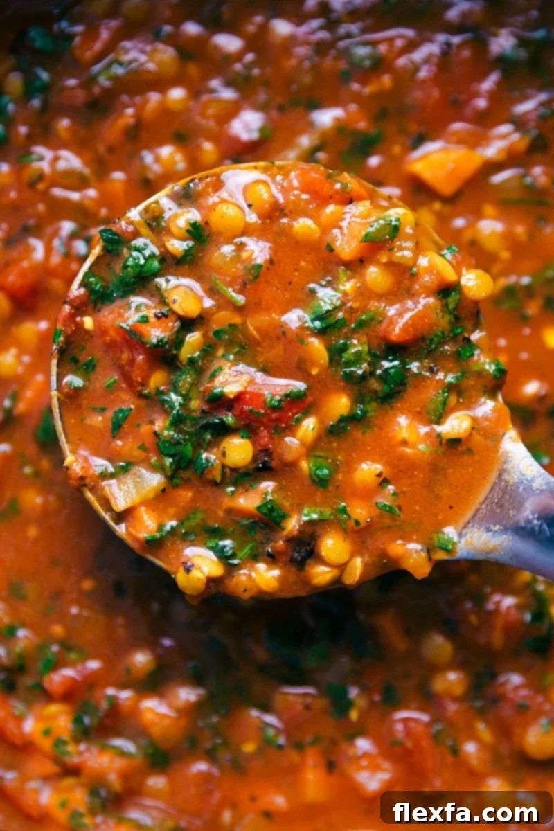 A ladle containing a scoop of lentil soup, ready to be served.
