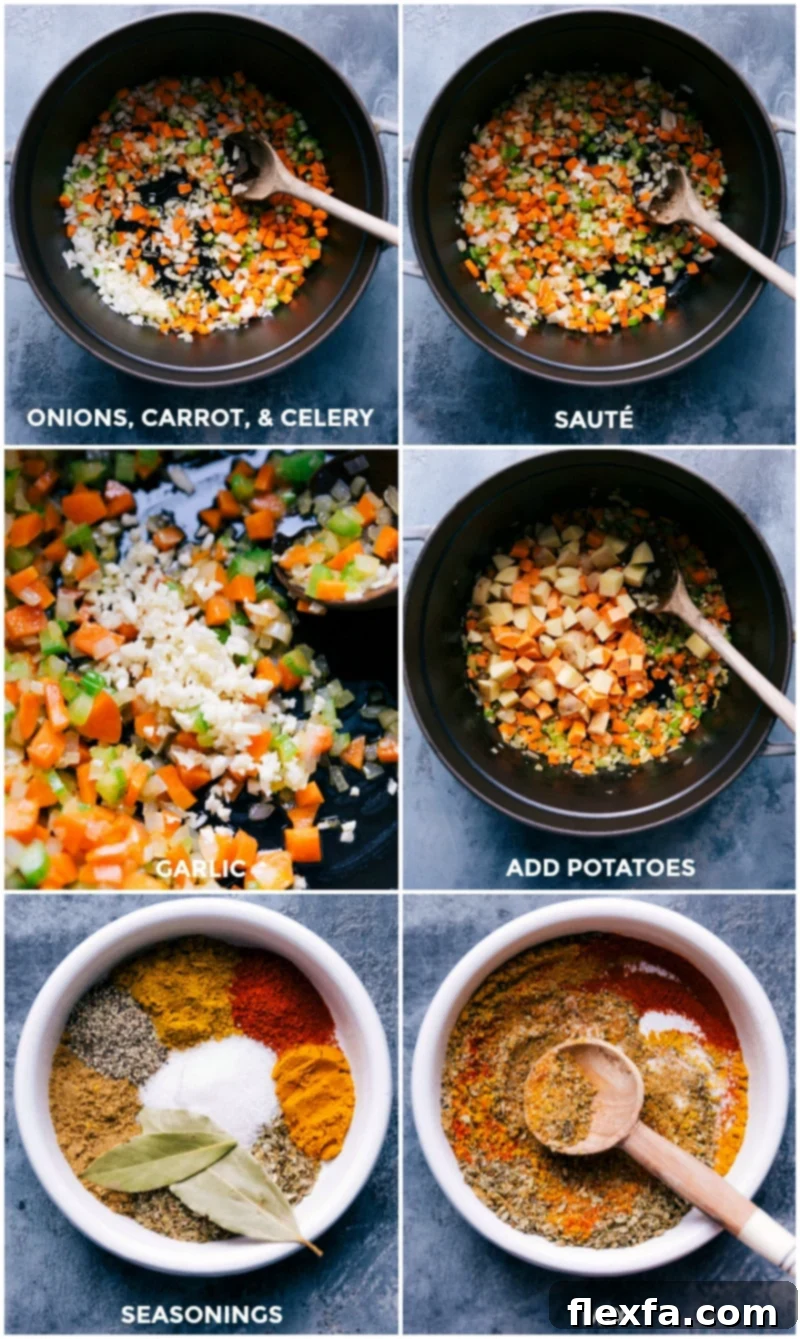 The cooking of vegetables and the preparation of seasonings for the lentil soup recipe.