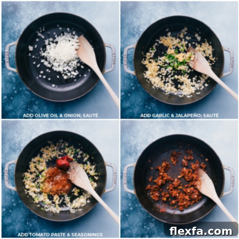 Process shots of ingredients being sautéed for Healthy Chicken Tortilla Soup