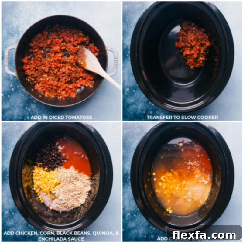 Process shots of Healthy Chicken Tortilla Soup with cooked tomatoes and other ingredients in the slow cooker