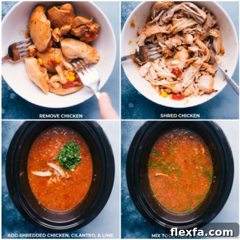 Process shots of chicken being shredded and added back to the Healthy Chicken Tortilla Soup