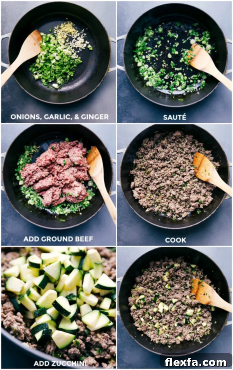 Step-by-step preparation of the beef larb recipe, showing onions, garlic, and ginger browning, ground beef cooking, zucchini addition, and the final simmering stage.