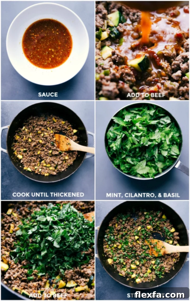 Culinary sequence illustrating the sauce preparation, mixing it with cooked meat, observing it thicken, adding chopped herbs, and the final cooking stage of the dish.