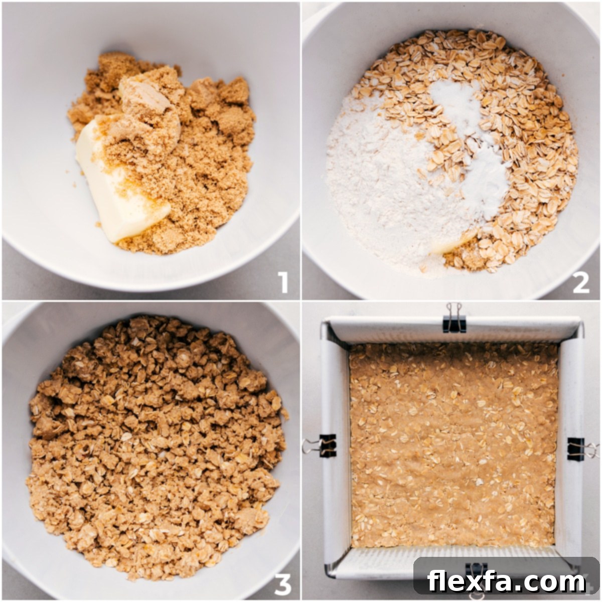 The process of mixing the chewy oatmeal dough and pressing the first half into the prepared baking pan.