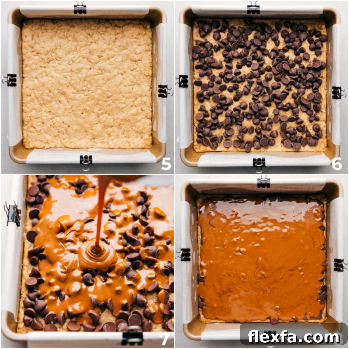 Warm chocolate chips and smooth cookie butter being poured and spread over the par-baked oatmeal cookie base.