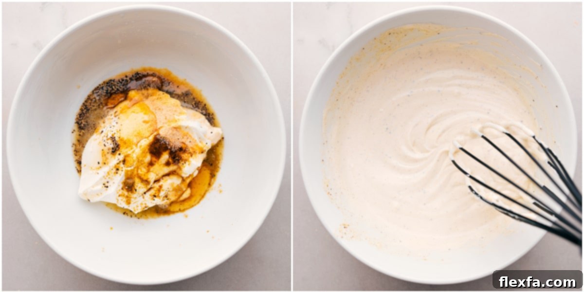 The creamy dressing for Jalapeño Popper Chicken Salad, perfectly blended in a bowl, awaiting the addition of other ingredients.