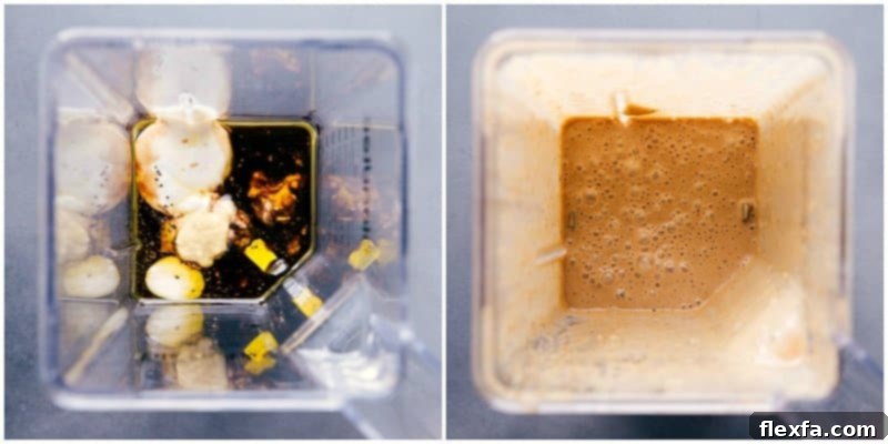 Creamy Balsamic Dressing Before and After Blending Creamy balsamic dressing ingredients before blending on the left, and the finished smooth, emulsified dressing in a glass jar on the right, highlighting its transformation.