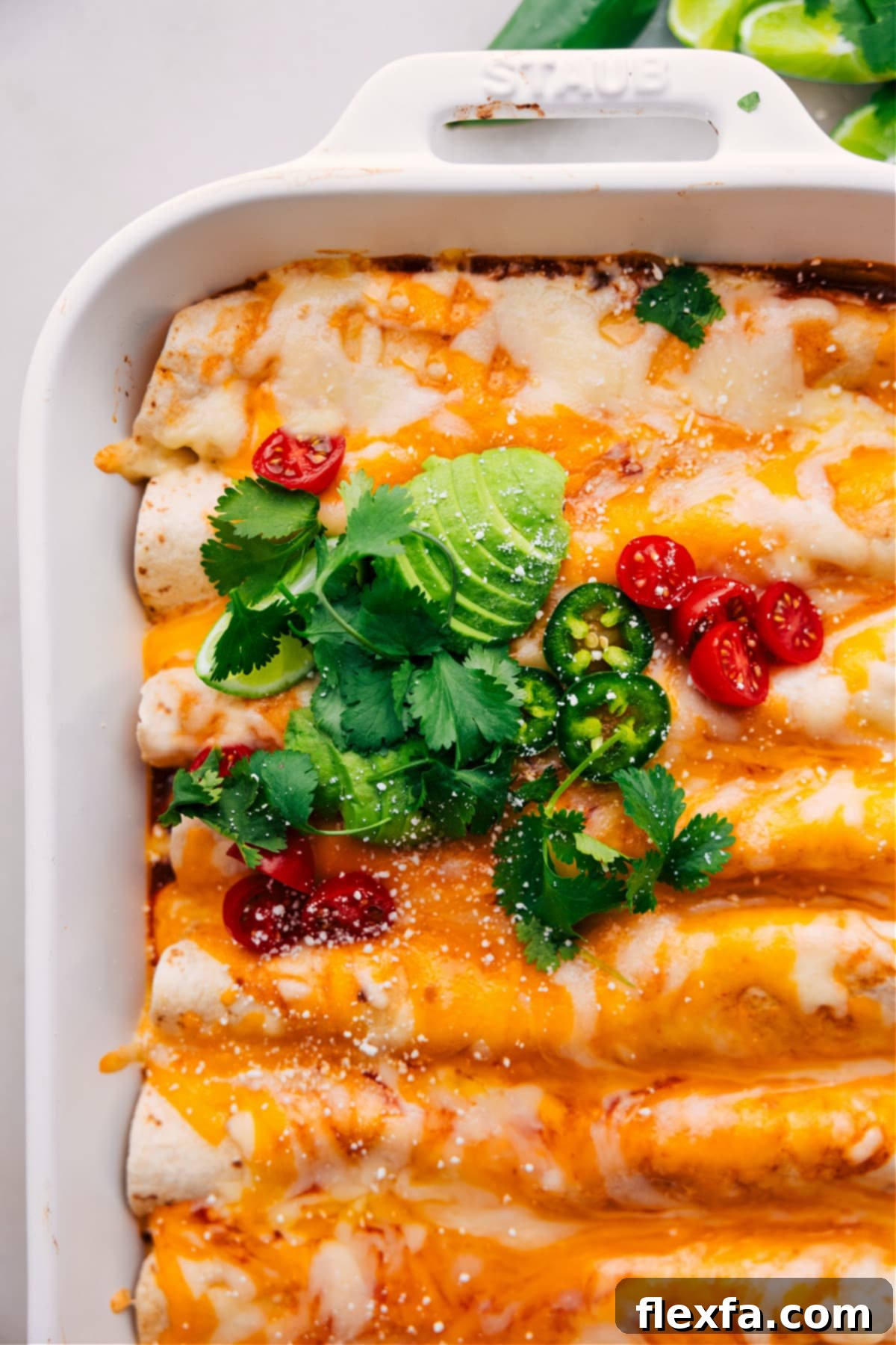 Freshly baked Vegetarian Enchiladas, garnished with creamy avocado slices, diced tomatoes, spicy jalapeños, and fragrant cilantro, showcasing a vibrant, satisfying meal.