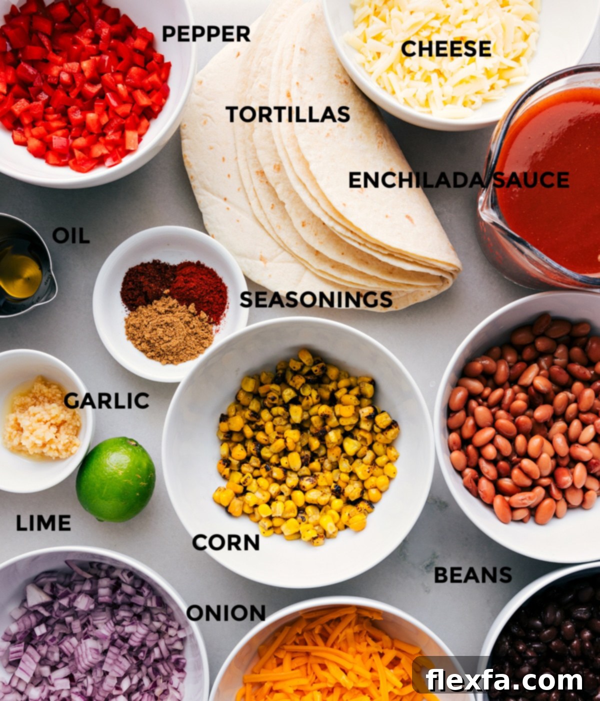 All the fresh ingredients meticulously prepped and neatly arranged for seamless assembly, including vibrant diced vegetables, soft flour tortillas, rich red enchilada sauce, sweet corn kernels, a generous bowl of shredded cheese, a selection of aromatic seasonings, and hearty black and pinto beans.
