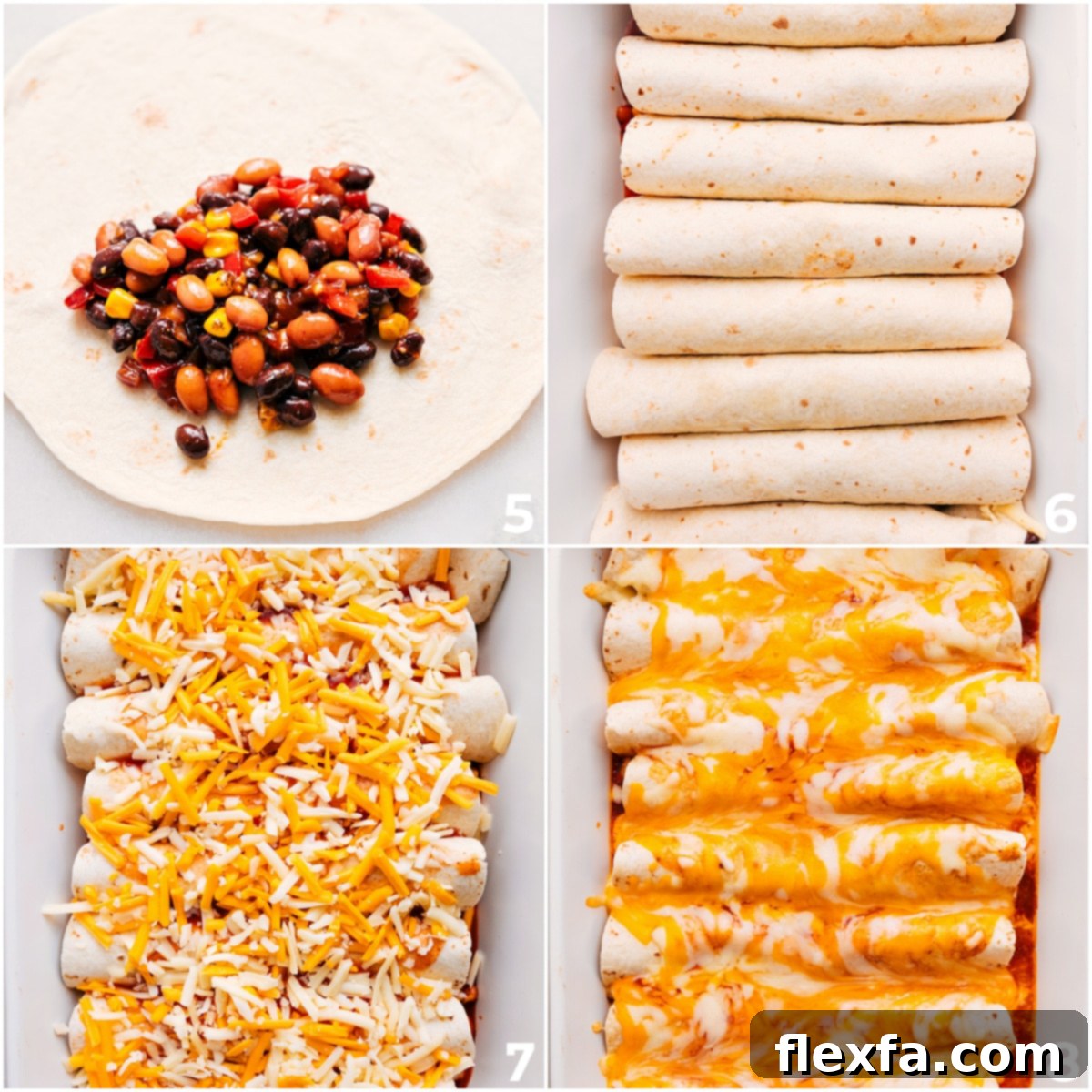 A baking dish precisely filled with neatly rolled tortillas, generously stuffed with a savory vegetarian filling, perfectly arranged and ready to be covered with rich enchilada sauce and a final layer of cheese before baking to golden, bubbly perfection.