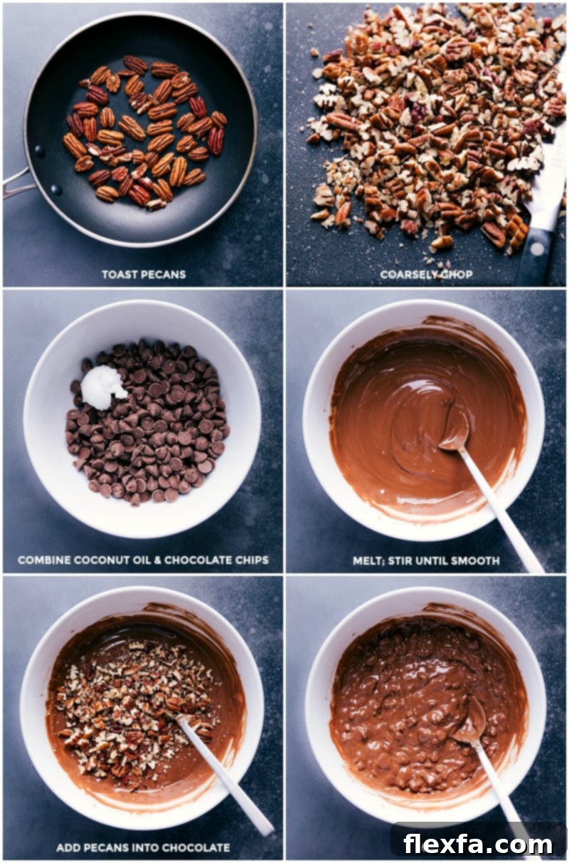 Process shots showing how to make Turtle Bark: toasting and chopping pecans, melting chocolate with coconut oil, and mixing in pecans.
