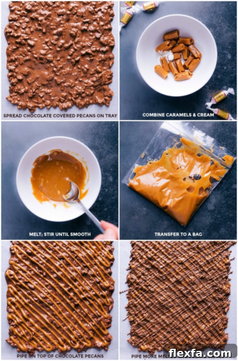 Process shots: Spreading chocolate-covered pecans, drizzling melted caramel, and piping additional chocolate stripes on top for Turtle Bark.