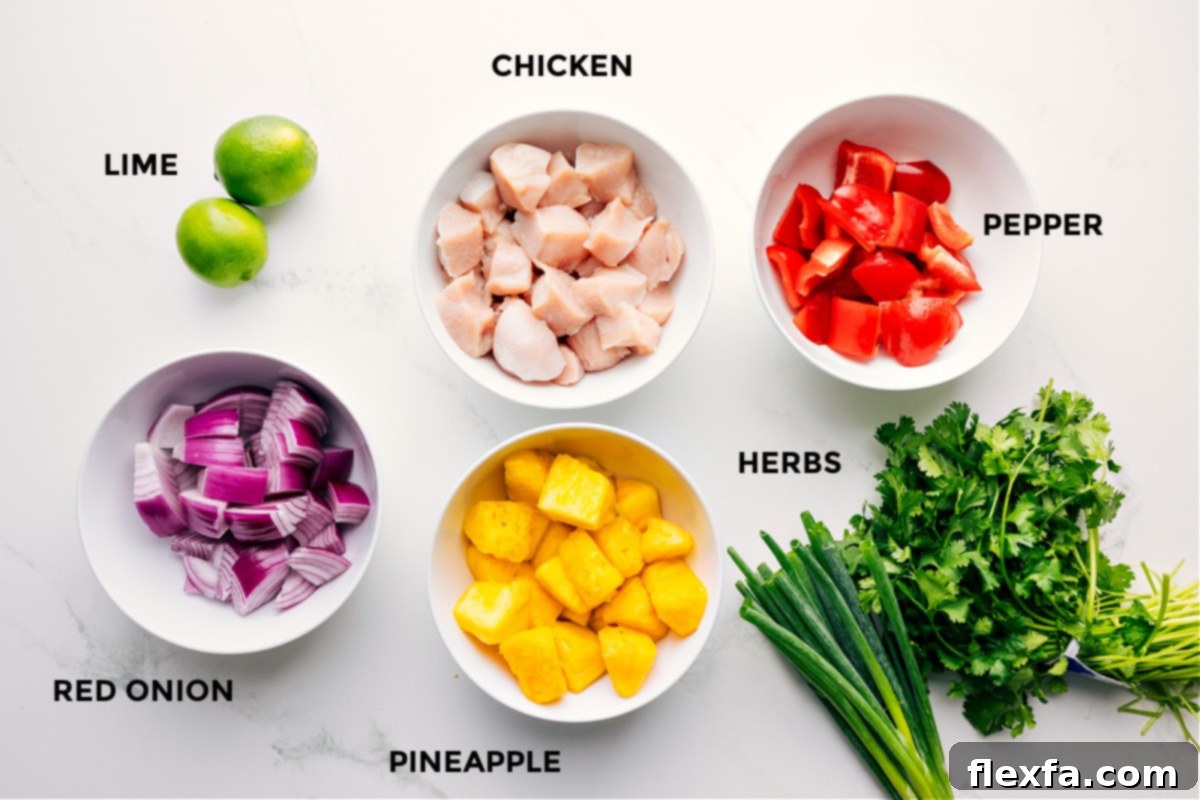 All the ingredients prepped and laid out for easy assembly, including fresh limes, red onion, vibrant pineapple chunks, chicken pieces, fresh herbs like cilantro, and bell pepper strips.