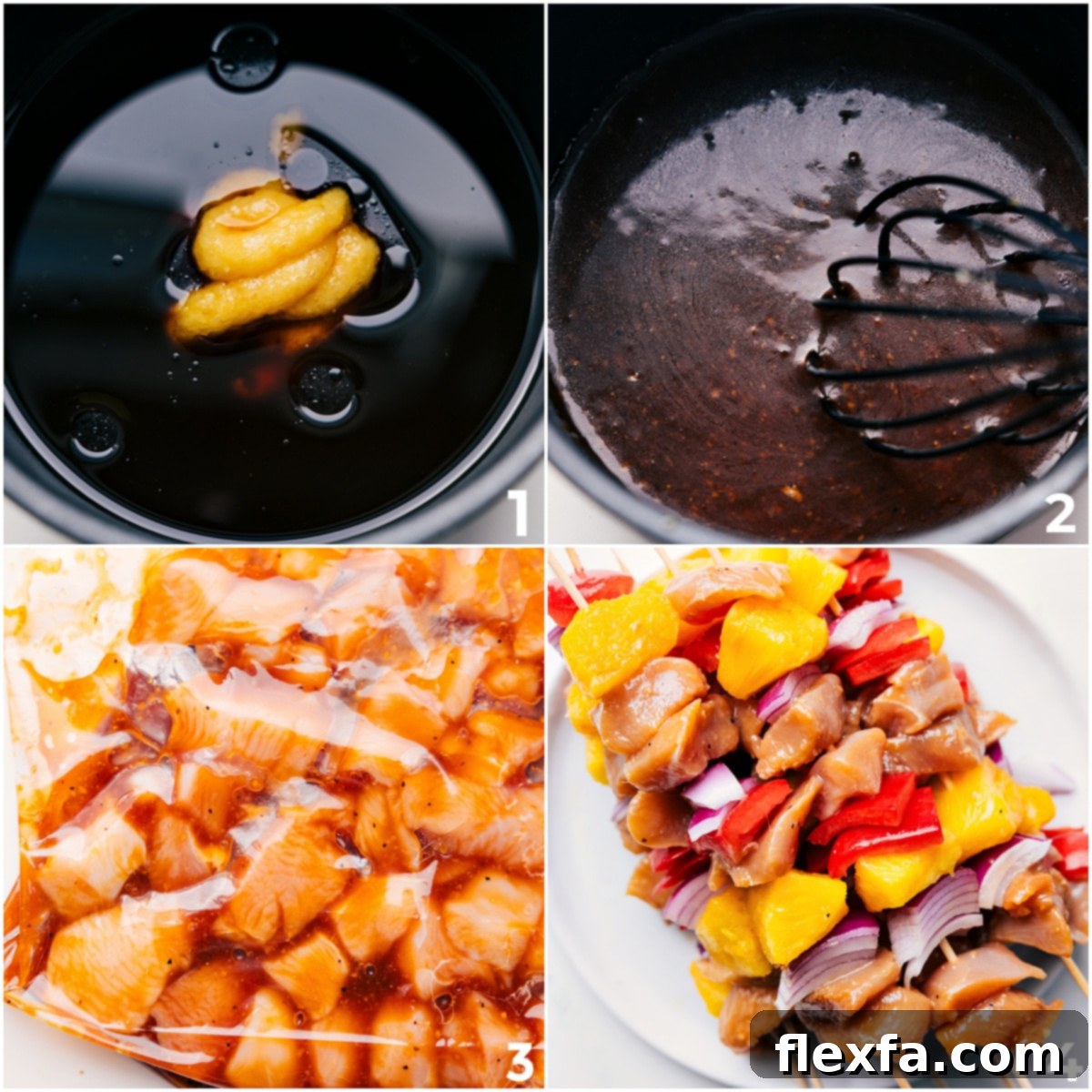 A visual sequence showing the preparation of teriyaki chicken skewers: whisking marinade in a pot, chicken marinating in a bag, and ingredients being expertly assembled on skewers.