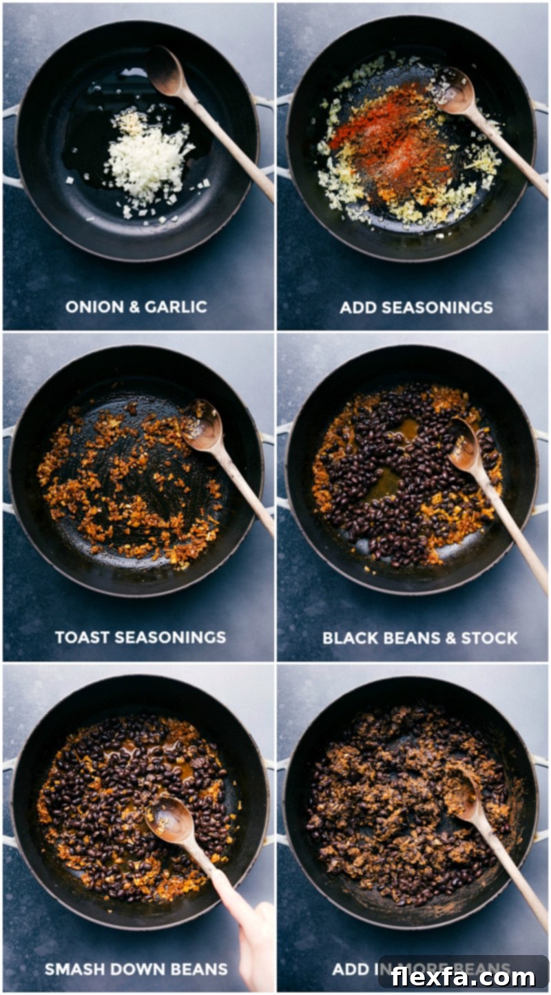 Sauteed Onion and Garlic with Seasonings, Black Beans and Stock Blended, Followed by Bean Smashing for Taco Filling. Onion and garlic sautéing, seasonings added, black beans and stock mixed, with beans being smashed for prep.