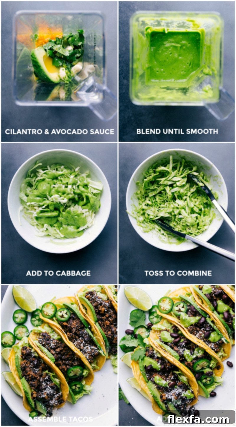 Cilantro and Avocado Sauce Preparation, Combined with Cabbage, and Taco Assembly Sequence. Blending cilantro and avocado for sauce, mixed into cabbage, and adding to the rest of the meal.