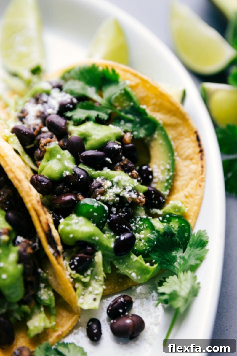 Savory Black Bean Tacos Topped with Homemade Sauce, Cheese, and Cilantro, Ready for Enjoyment. Savory Black Bean Tacos with sauce, fresh cheese, and cilantro topping, ready to enjoy.
