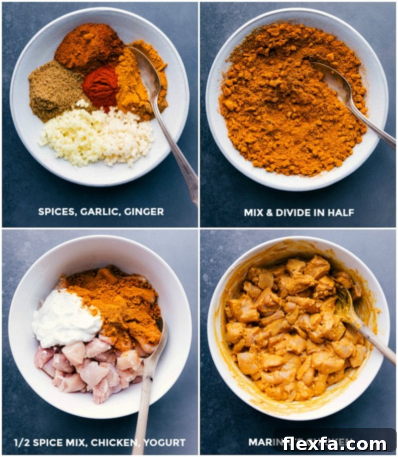A visual progression showing aromatic spices being carefully measured into a bowl, then blended with thick Greek yogurt, and finally combined with tender chicken pieces to create a rich, flavorful marinade.