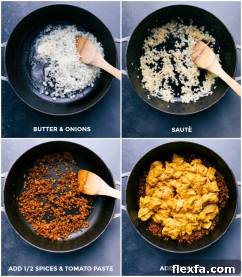 The cooking process for Butter Chicken, showing finely diced onions sautéing in butter until golden, followed by the addition of aromatic spices and rich tomato paste, and finally, the marinated chicken being added to the pan to sear and brown.