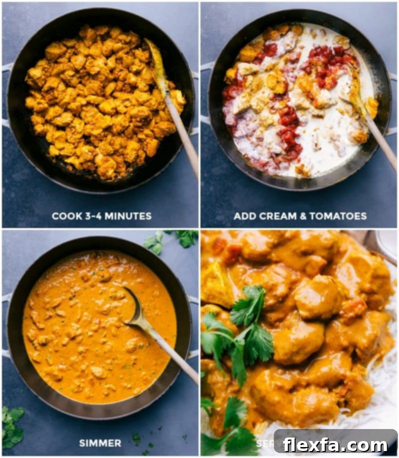 A close-up view of Butter Chicken simmering gently in a large pot, the rich, creamy sauce bubbling around tender pieces of chicken, with a separate serving of basmati rice on the side.
