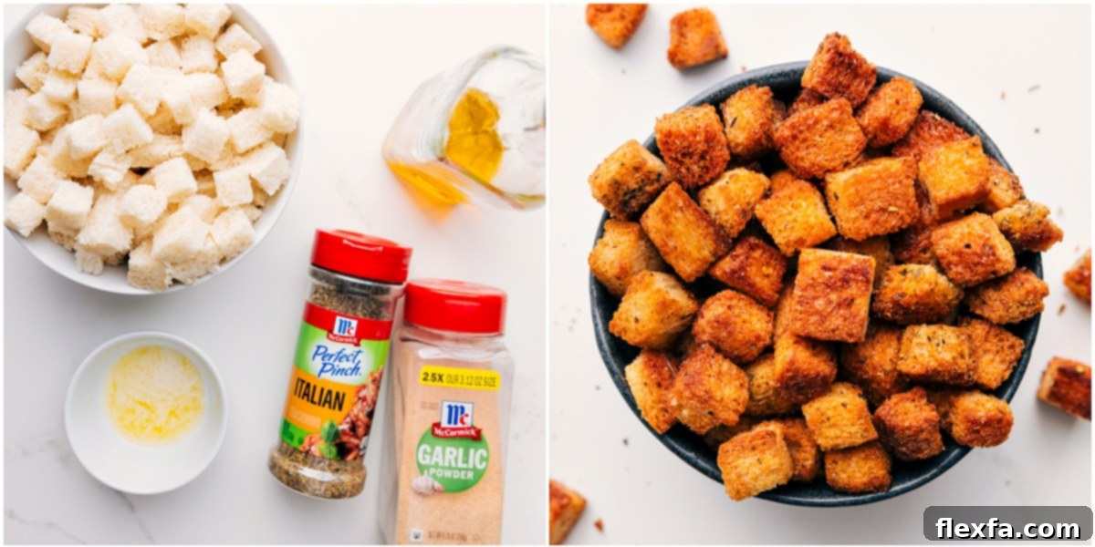 Crouton ingredients prepped for making homemade croutons, with a bowl of perfectly cooked, golden-brown croutons ready for the Caesar salad.
