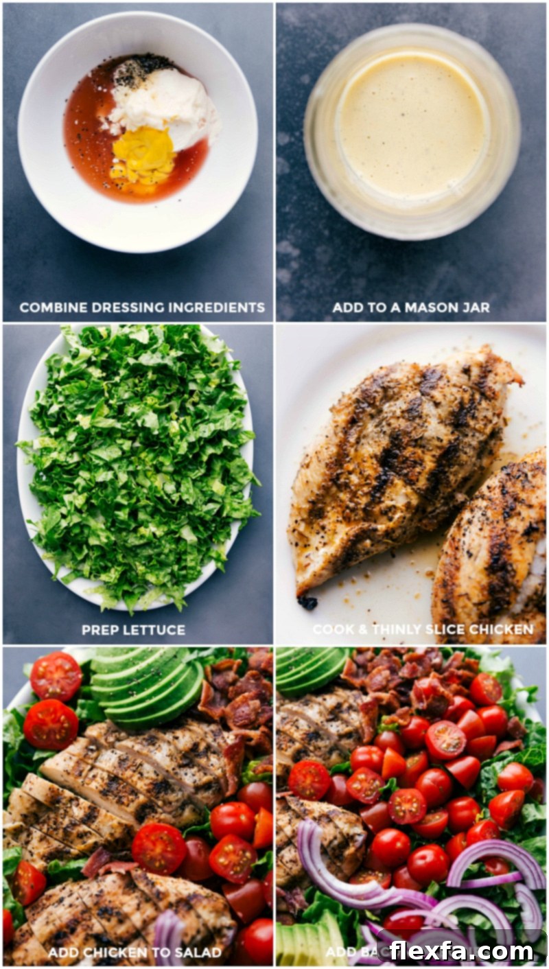 Process of making honey mustard salad dressing, prepping fresh lettuce, grilling tender chicken breasts, and tossing it all together to create a delicious, wholesome chicken and avocado salad meal.