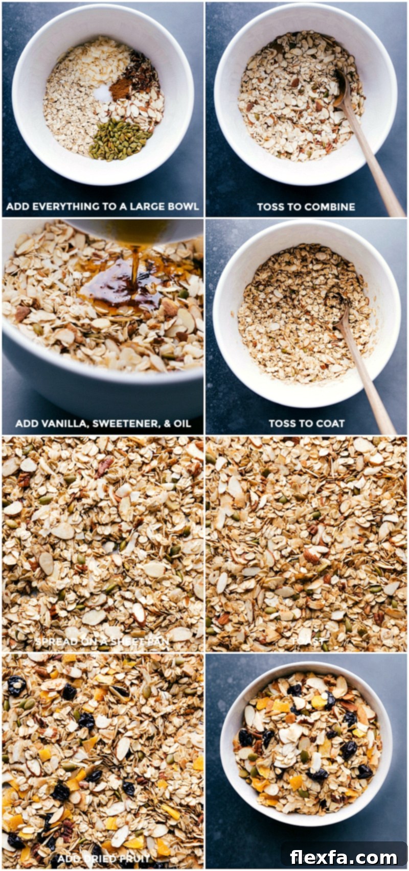 Preparation of homemade muesli recipe, with ingredients mixed in a large bowl, spread on a baking sheet for baking, and served with added fruit.