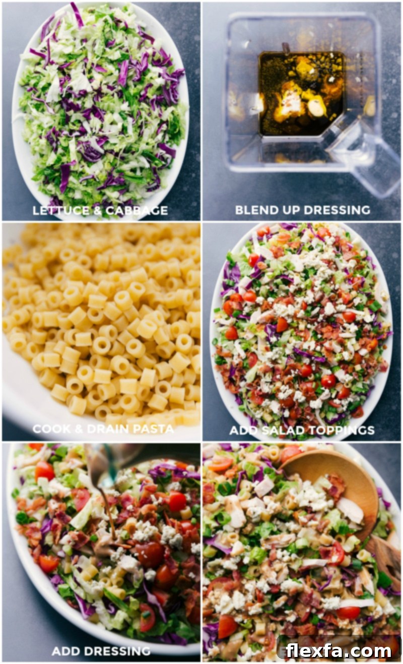 Step-by-step preparation: prepping fresh lettuce and cabbage, blending creamy balsamic dressing, cooking and draining ditalini pasta, adding vibrant toppings, and pouring dressing over the salad.