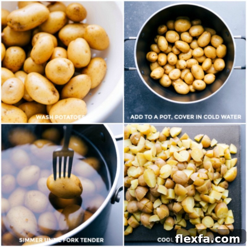 Yukon gold potatoes being washed, then simmered until fork-tender, followed by cooling and chopping for this delicious potato salad.