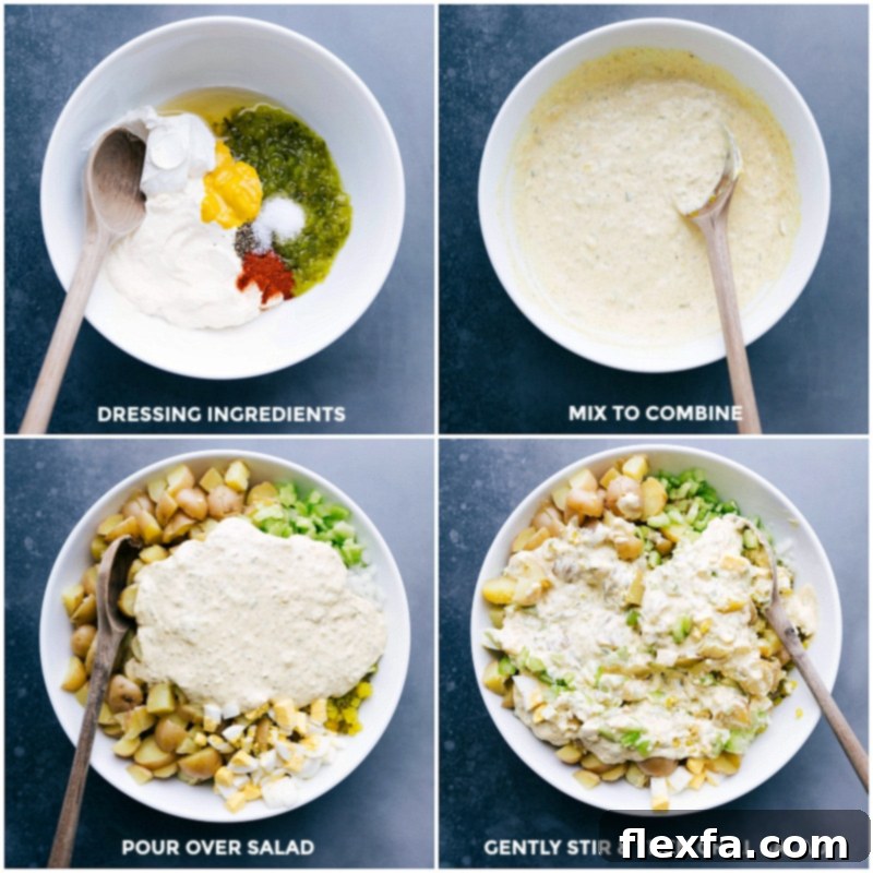 Various dressing ingredients are mixed in a bowl, then poured over the salad, and gently stirred to create a flavorful, cohesive dish.