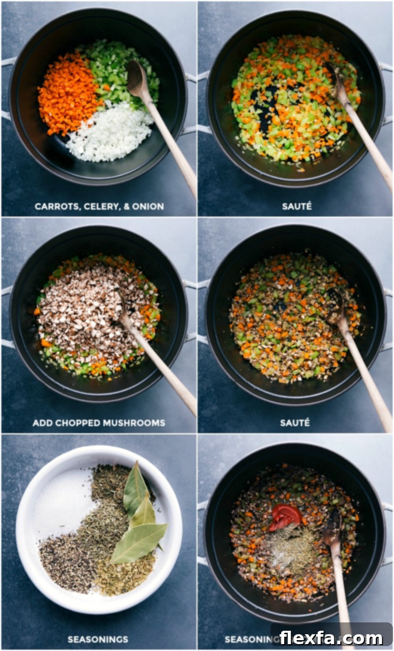 Lentil Bolognese Preparation: Sautéing Veggies, Adding Mushrooms, Seasonings, and Tomato Paste The methodical process of preparing Lentil Bolognese. First, carrots, celery, and onion are diced precisely and sautéed until softened. Next, finely chopped cremini mushrooms are added and cooked down further. Finally, a rich blend of aromatic seasonings and concentrated tomato paste is mixed in, forming a deeply flavorful foundation for the sauce.