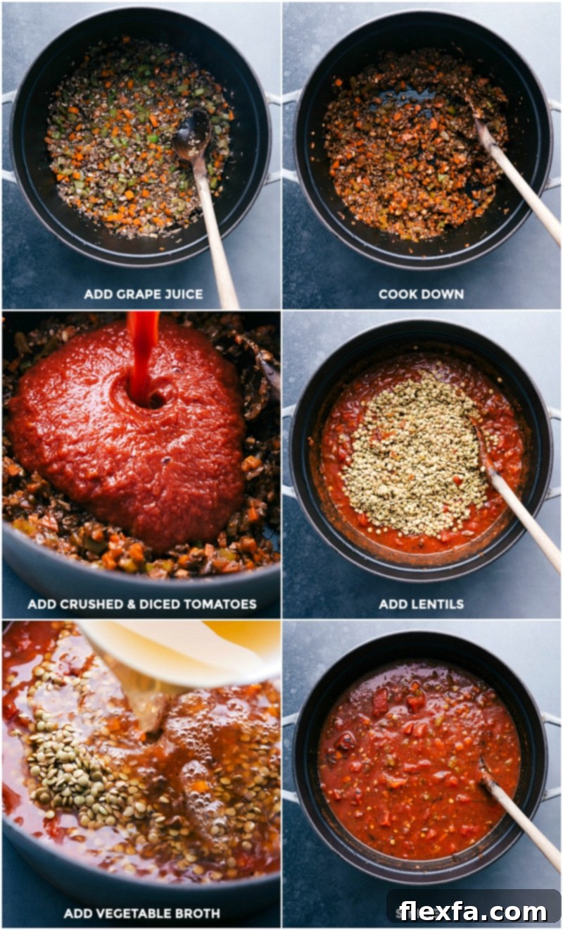 Completing Lentil Bolognese Sauce: Grape Juice Addition, Tomatoes, Lentils, and Simmering Process The final stages of completing the Lentil Bolognese sauce: beginning with the addition of rich grape juice to deglaze the pan and allowing it to reduce, intensifying the concentrated flavors. Next, incorporating both fire-roasted diced and crushed tomatoes for their depth and varied texture. Finally, adding vegetable broth and the prepared brown lentils, then simmering the entire sauce gently to perfection until it achieves its ideal thick consistency and the lentils become tender.