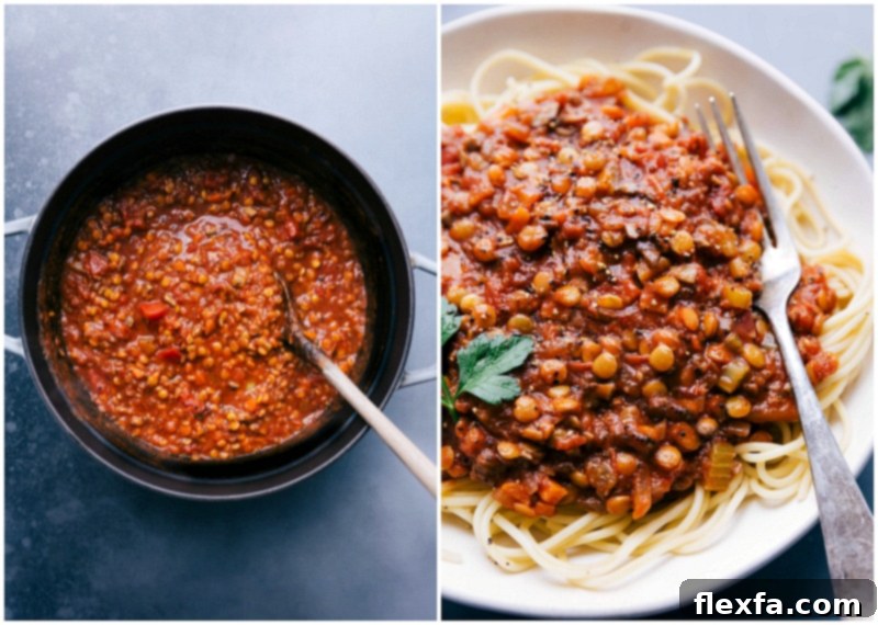 Lentil Bolognese Journey: From Simmering Sauce in Pot to Serving Over Spaghetti The delicious culmination of the Lentil Bolognese recipe, first showing the rich, thick sauce simmering gently in a pot on the stove, indicating its readiness. This is followed by a close-up of the prepared dish, where the savory lentil bolognese is generously spooned over a bed of perfectly cooked spaghetti, beautifully garnished with fresh herbs and ready to be enjoyed as a hearty and satisfying meal.