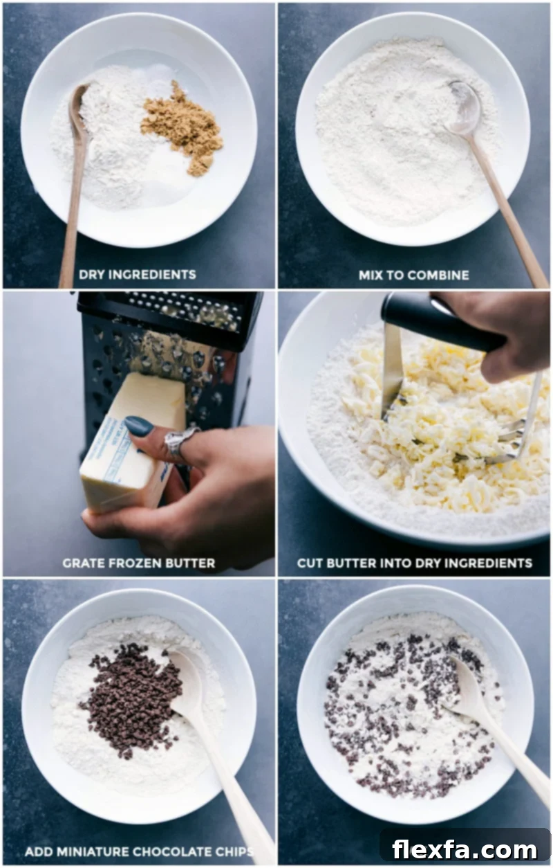 Assembling dry ingredients for the chocolate chip scone recipe, cutting in grated butter, and adding chocolate chips to the mix.