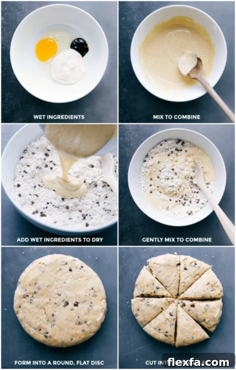 Pouring wet ingredients into dry mixture, shaping into round flat disc, and cutting into triangles.