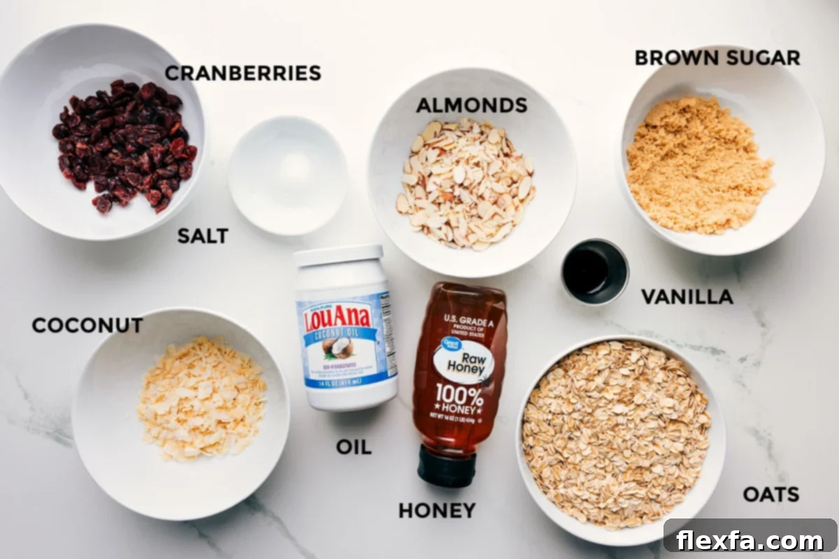 All the essential ingredients for crafting perfect Honey Almond Granola carefully laid out: old-fashioned oats, thinly sliced almonds, golden honey, melted coconut oil, lightly packed light brown sugar, pure vanilla extract, a pinch of salt, toasted coconut flakes, and plump dried cranberries.