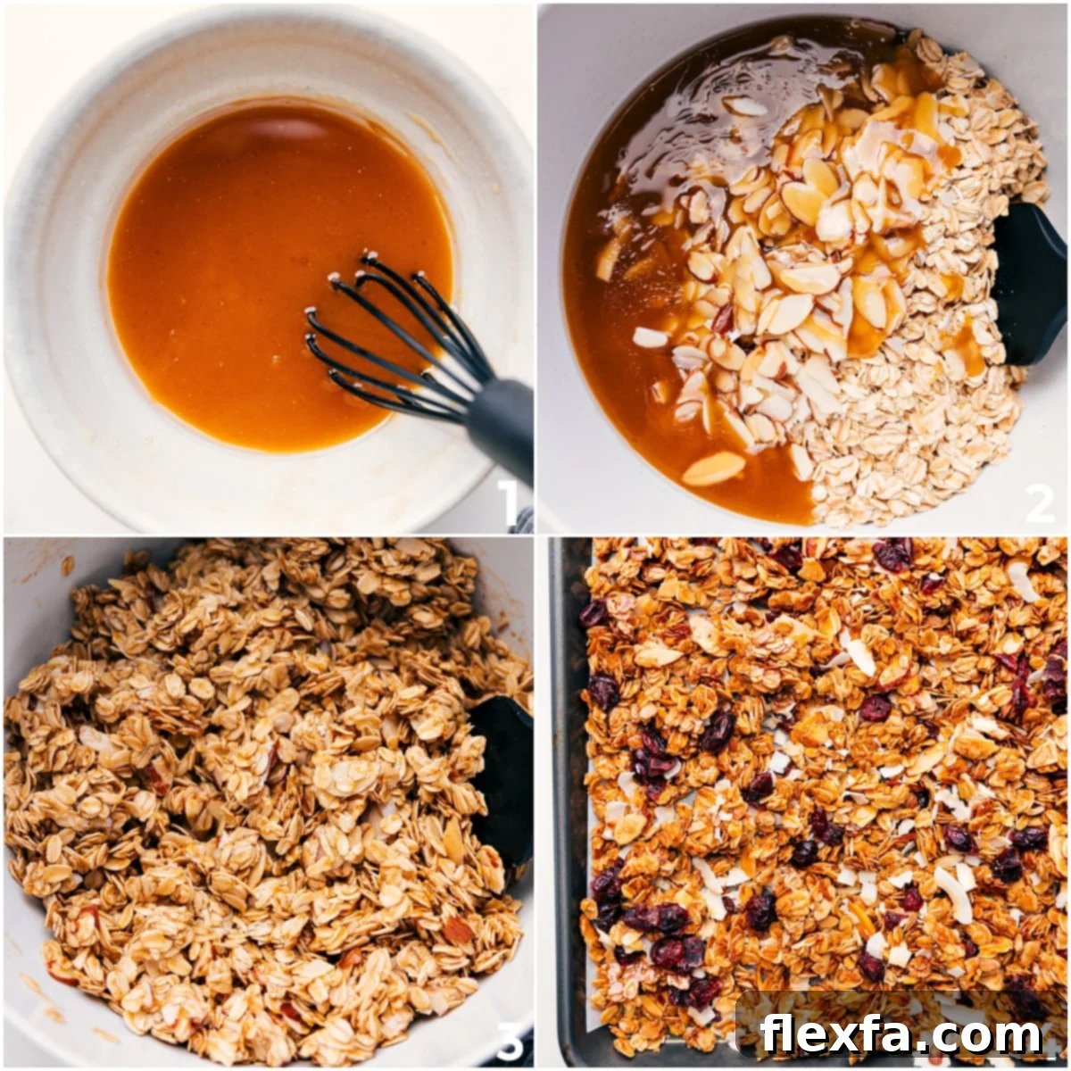 The step-by-step process of making Honey Almond Granola: wet ingredients (honey, coconut oil, brown sugar, vanilla, salt) being whisked, then poured over dry ingredients (oats, almonds) and stirred, followed by the mixture spread evenly on a parchment-lined sheet pan and baking.