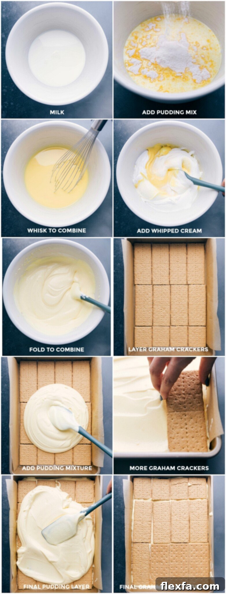 Step-by-step image showing the making of the creamy vanilla pudding filling and the careful layering between sheets of graham crackers for an Eclair Cake.