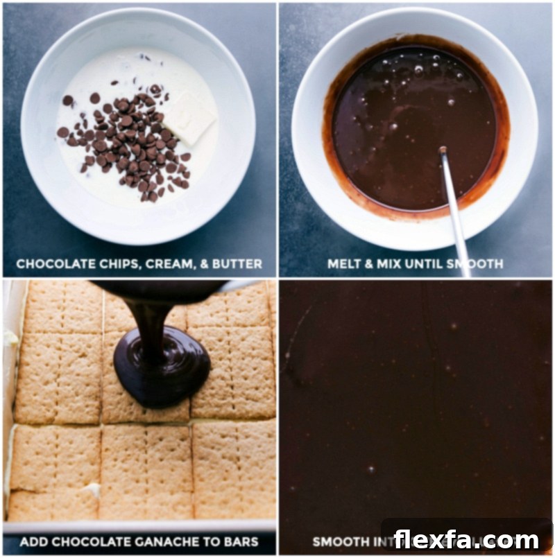 An appetizing image showing the process of making the glossy chocolate ganache and carefully pouring it over the assembled Eclair Cake layers, preparing it for chilling.