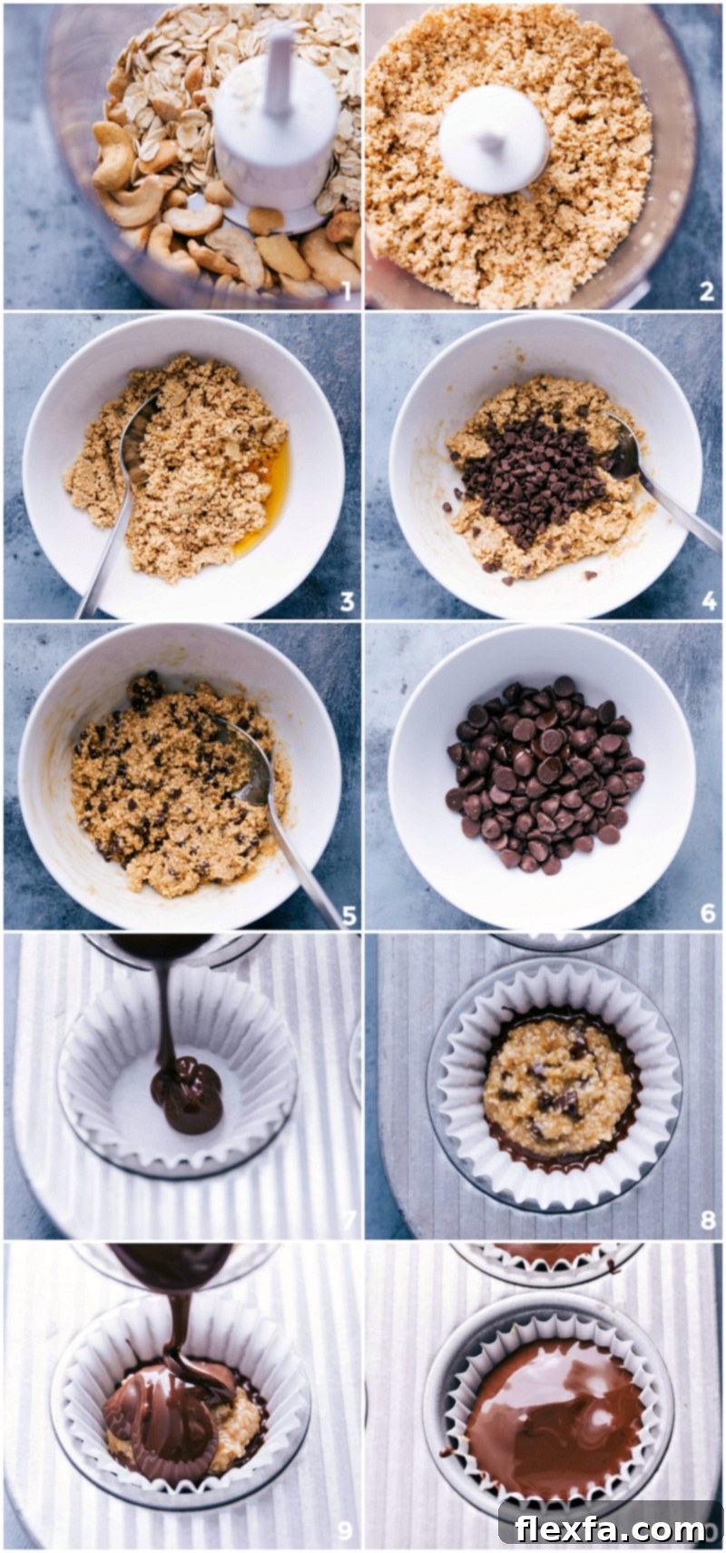 Photo collage illustrating the simple step-by-step process to create Healthy Cookie Dough Cups at home.