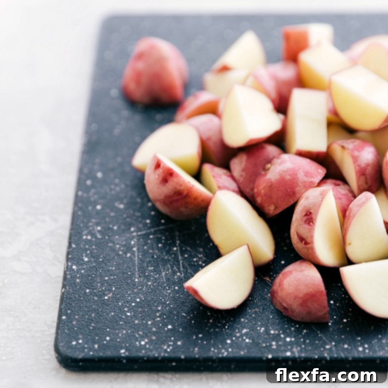 Close-up of baby red potatoes, ideal for a creamy texture in this lemon chicken dish.