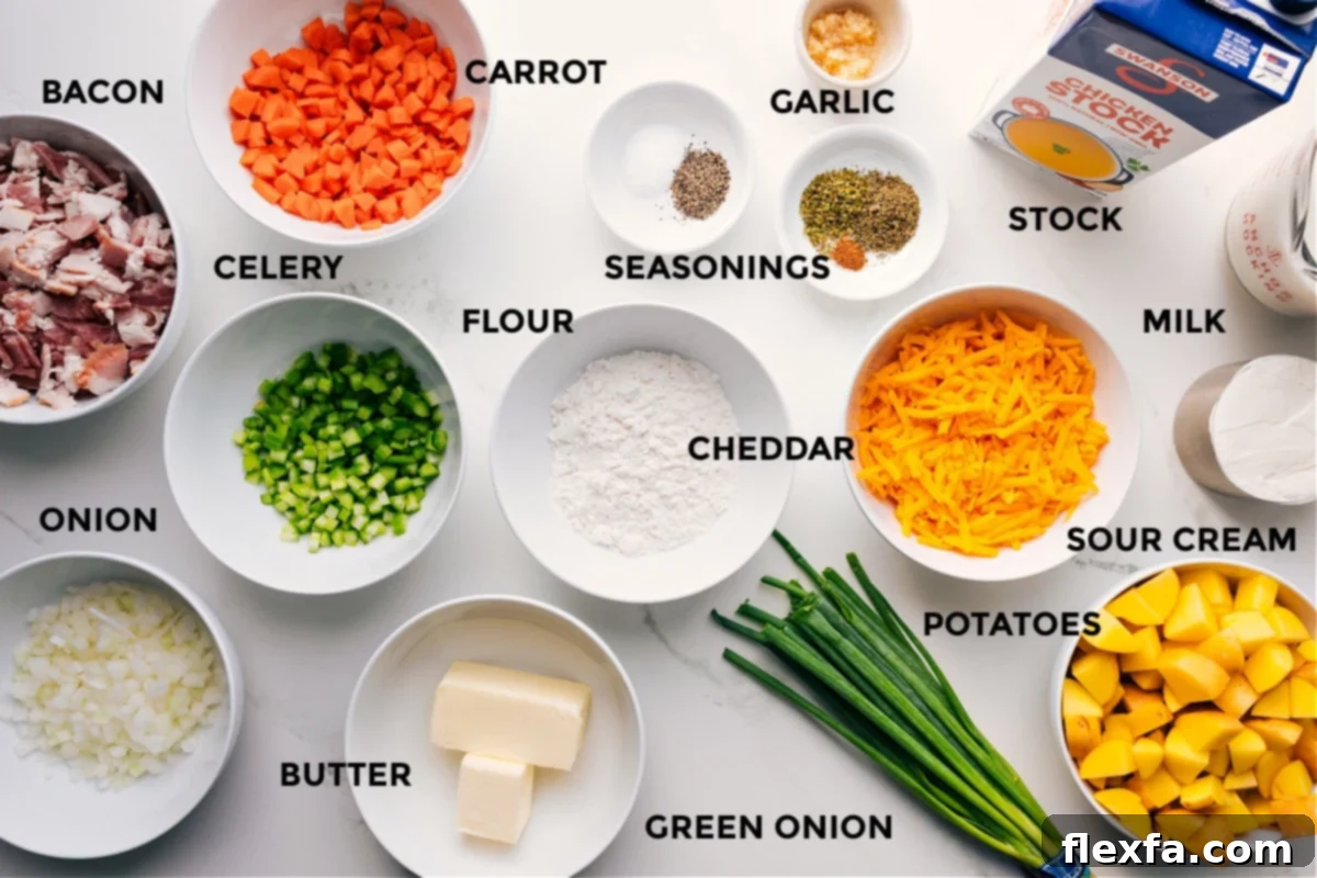 All the fresh ingredients for Loaded Potato Soup beautifully prepped and arranged, showcasing crispy bacon, diced onion, carrots, celery, various potatoes, fragrant seasonings, and grated cheddar cheese, ready for assembly.