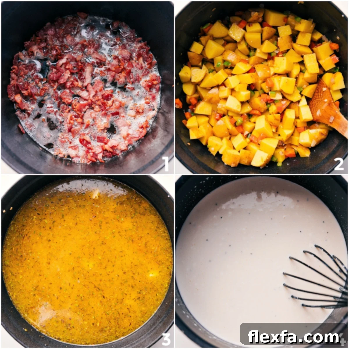 The process of making Loaded Potato Soup, showing crispy bacon being cooked, followed by a medley of sautéed vegetables, and finally broth and cream simmering to perfection.