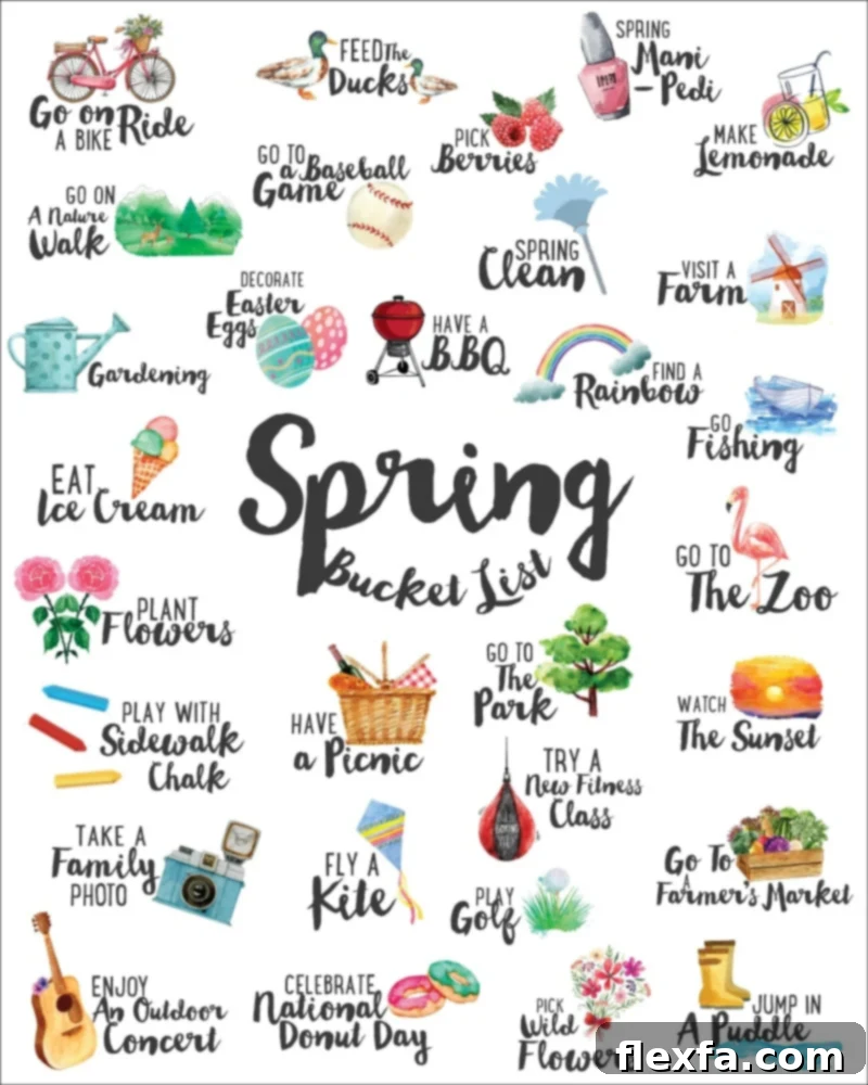 Free Spring Bucket List to print out and check off, featuring various spring activities and a vibrant seasonal theme.